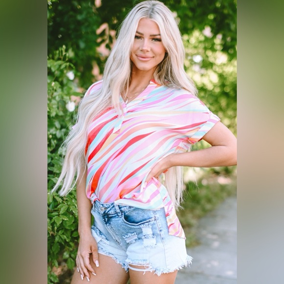 Blush Pink Color Block V-Neck Half Sleeve Blouse - Picture 4 of 8